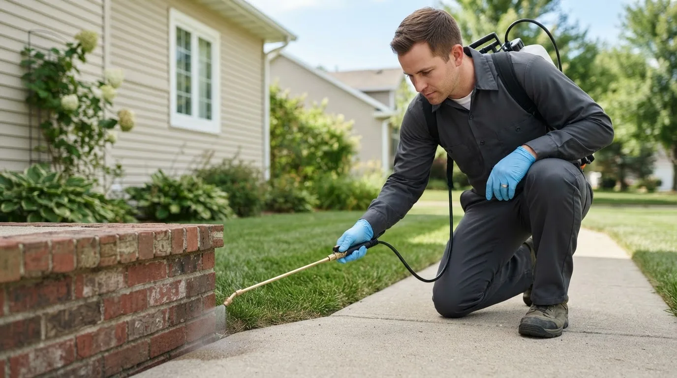 Pest control technician treating a home near Holley, NY